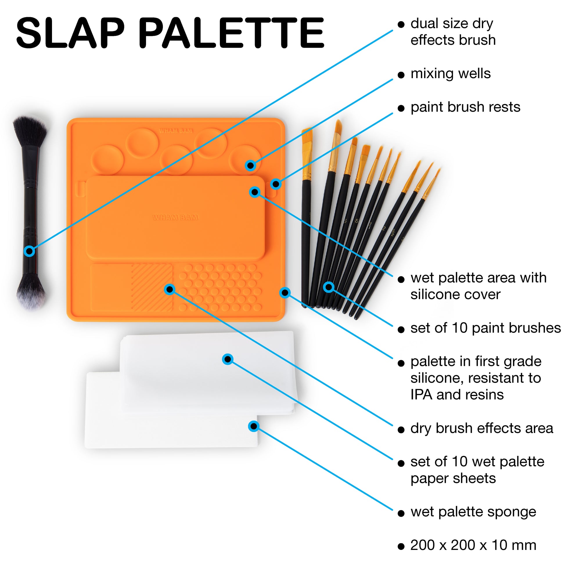 Slap palette with paint brushes and accessories