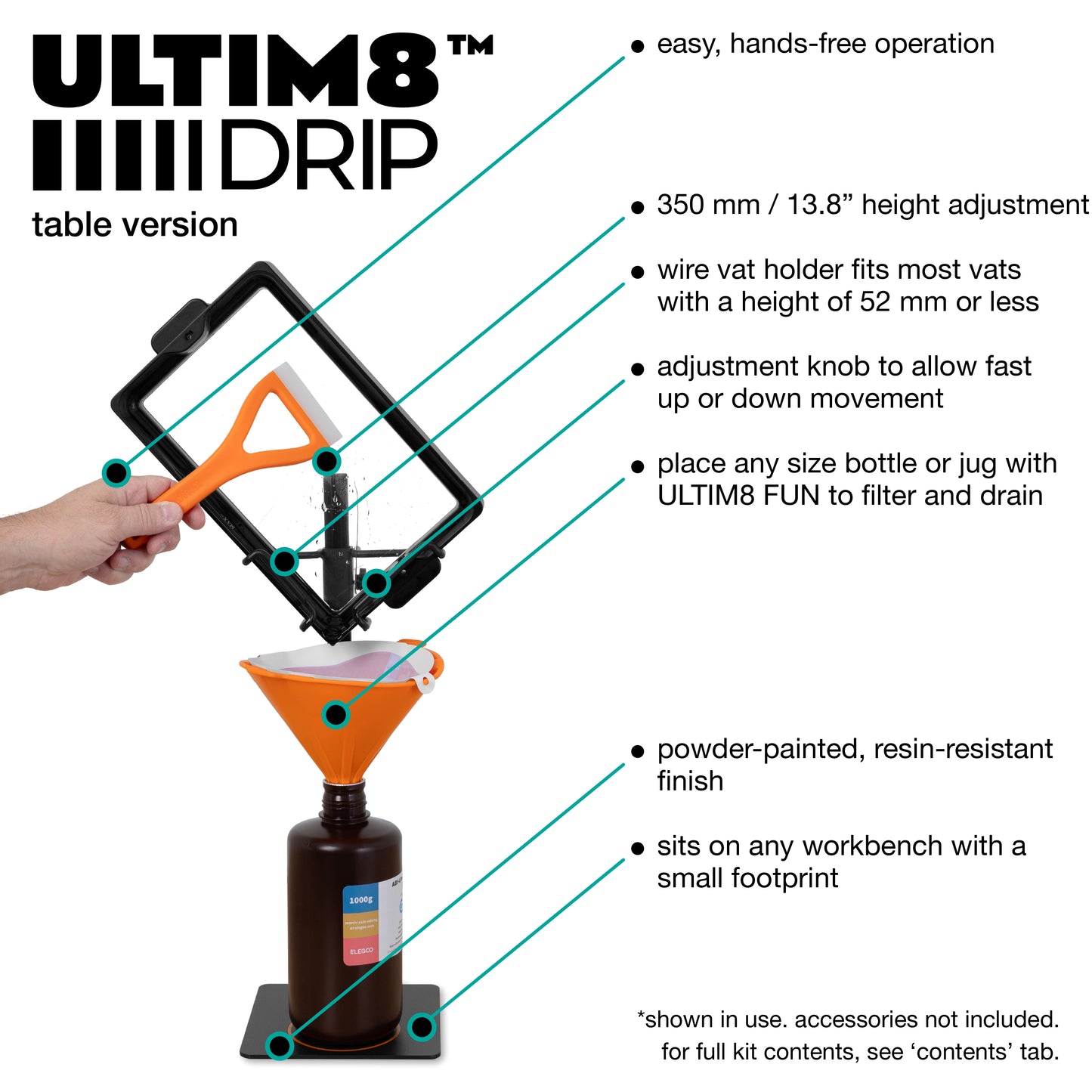 Ultim8 Drip table version with features highlighted on a white background