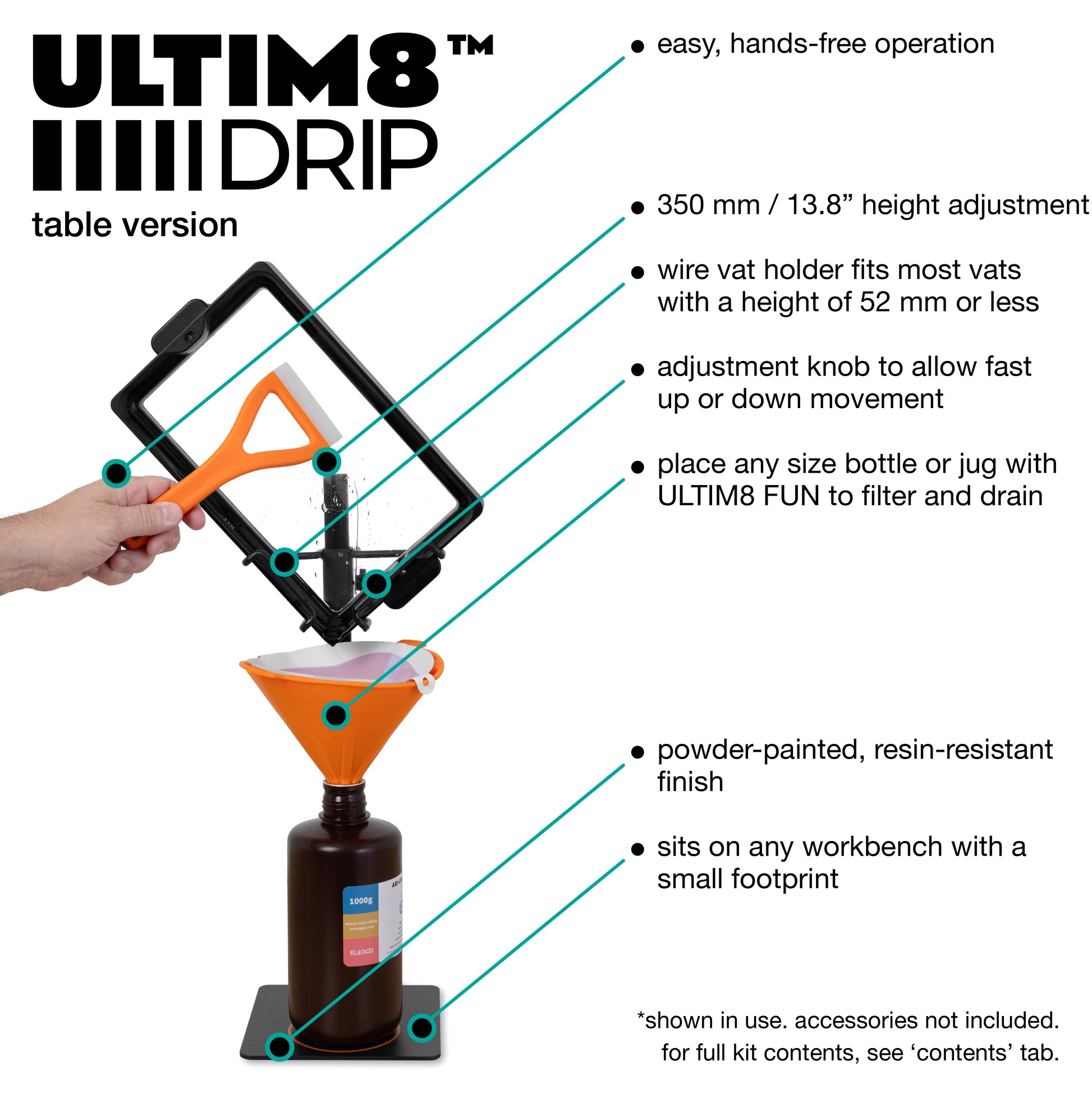 Ultim8 Drip table version with features highlighted on a white background